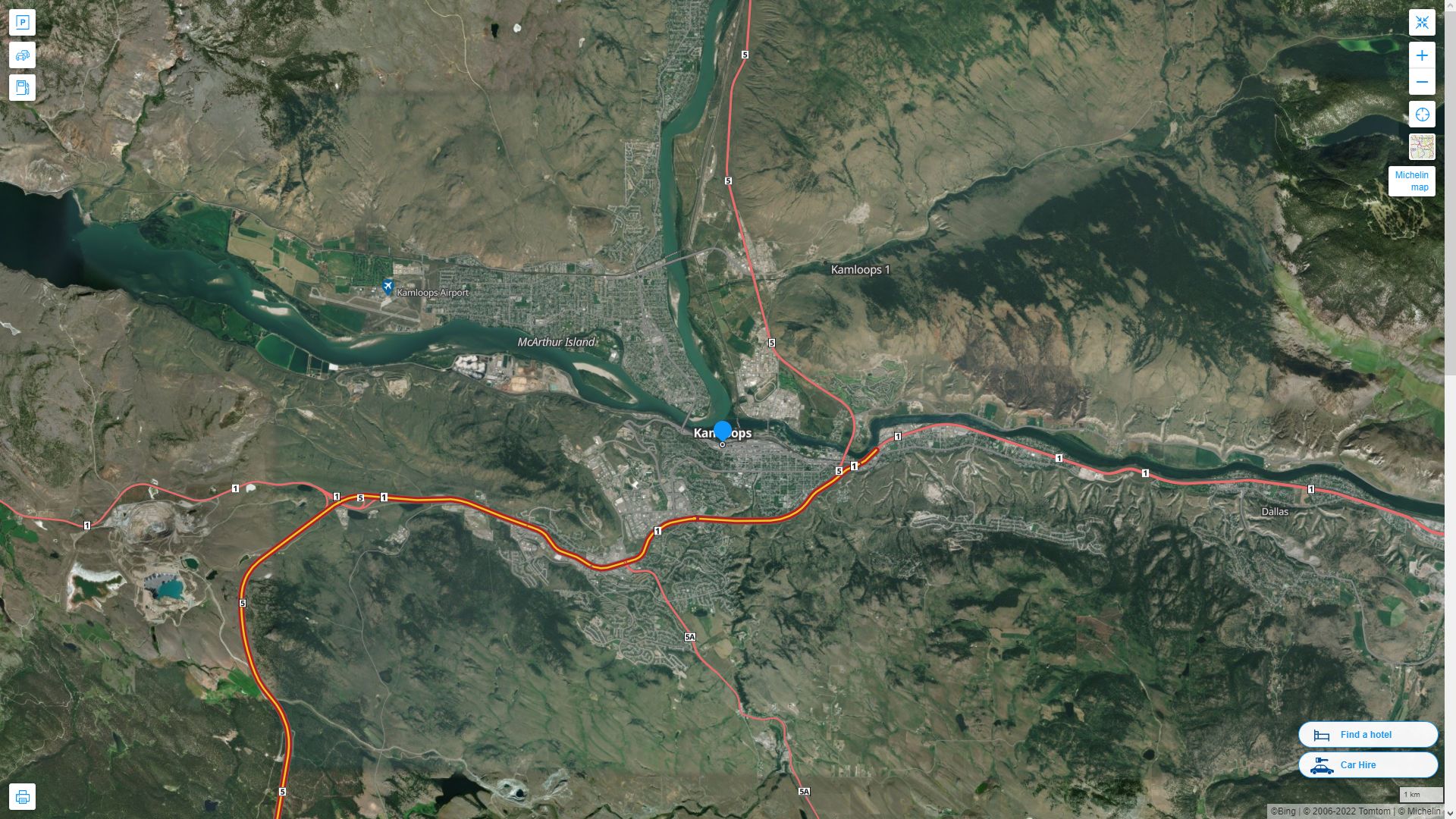 Kamloops Highway and Road Map with Satellite View